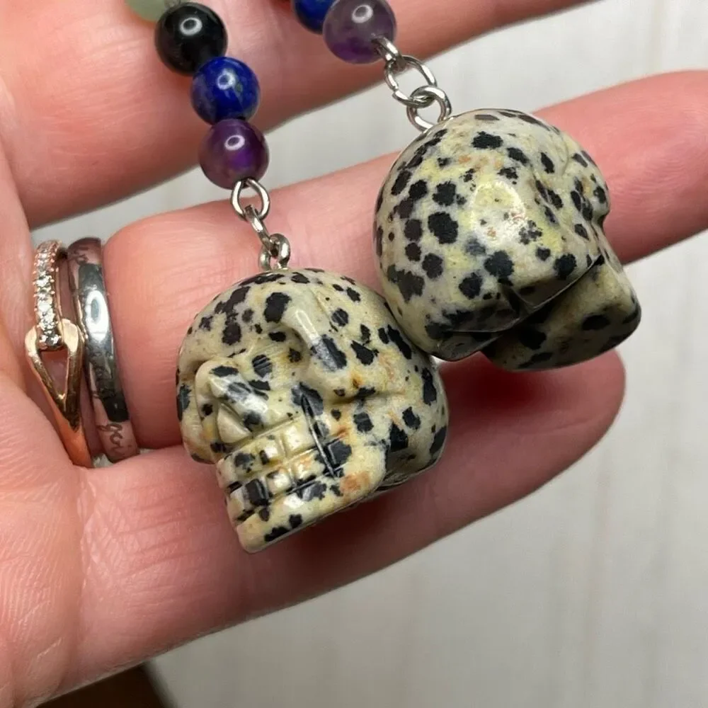 Dalmatian jasper skull carving key chain key ring 7 chakra beads rainbow
